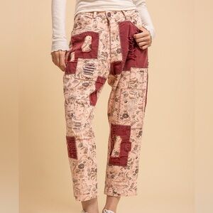 Blue Velvet PRINTED PINK/RUST TWILL PATCH WORK PANTS W/ DISTRESS WASH NWOT